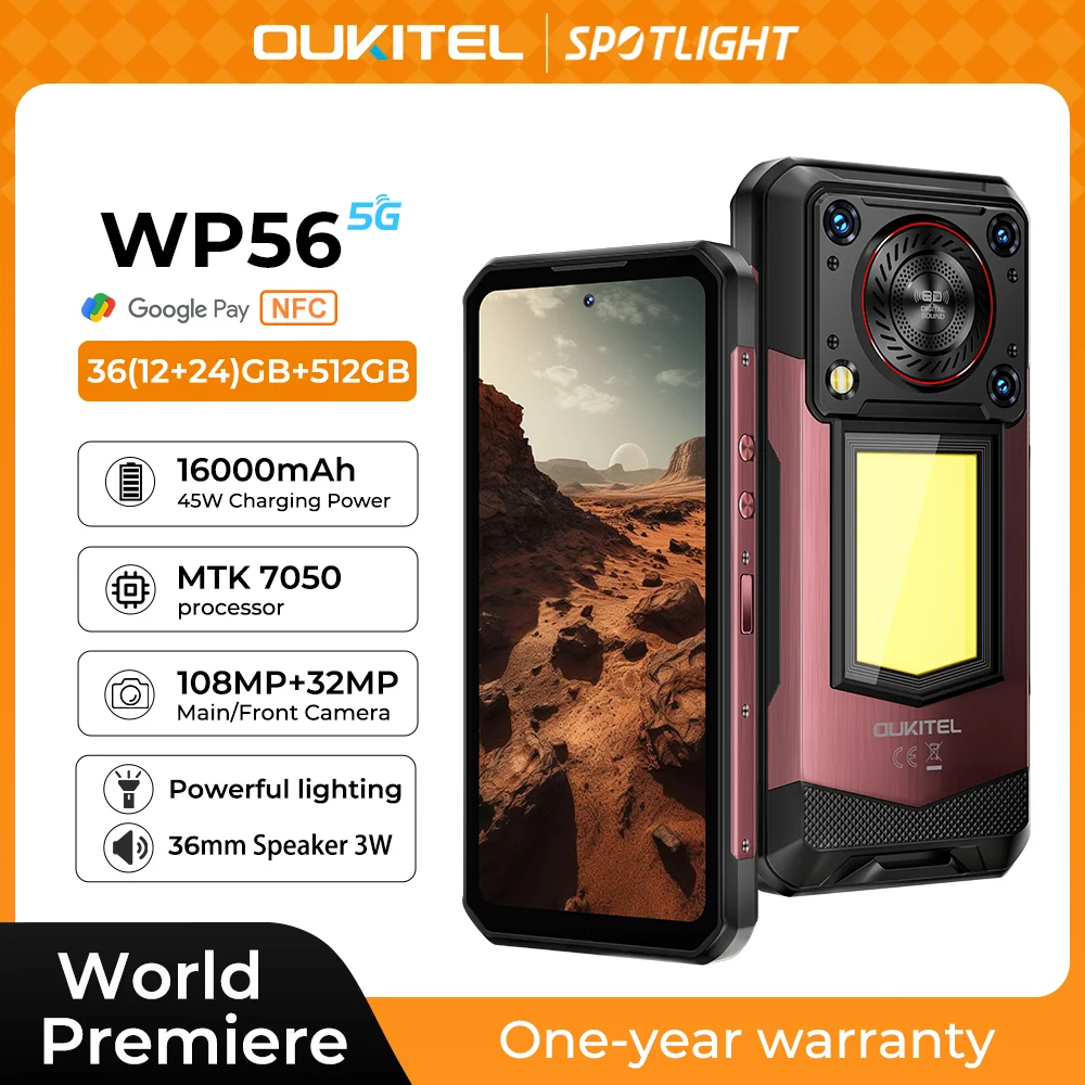 OUKITEL WP56 Outdoor Smartphone – 16000mAh Akku, 45W Schnellladen, 36GB+512GB Speicher, 6,8" FHD+ 120Hz Display, MTK7050, 108MP+32MP Kamera, Android 1