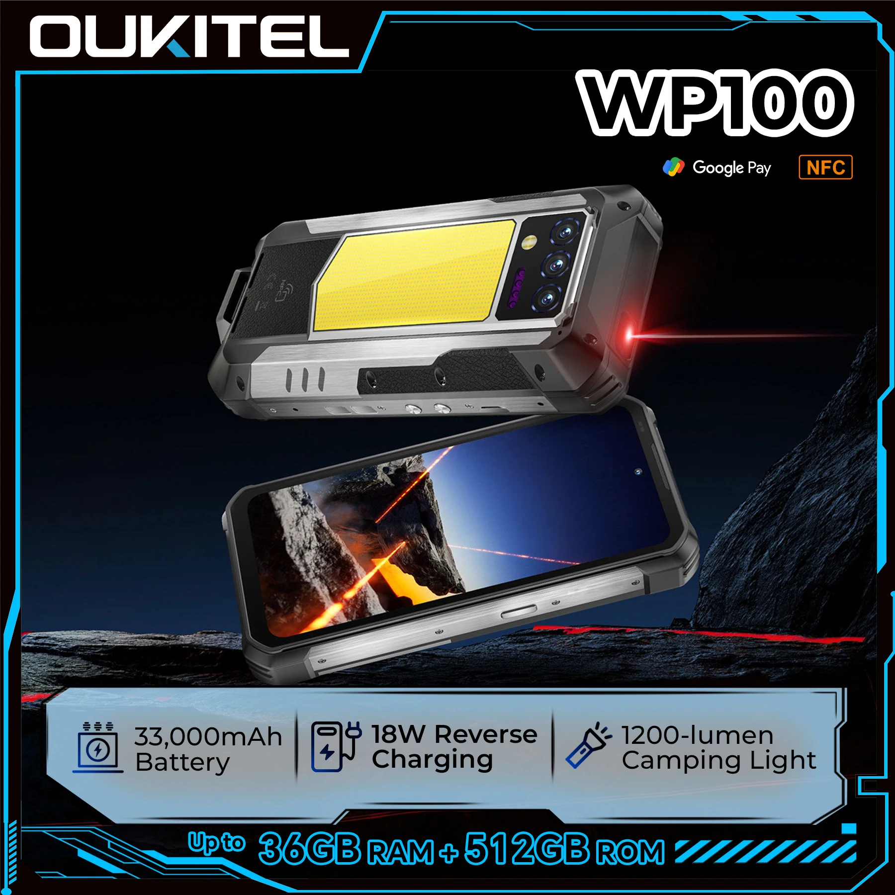 OUKITEL WP100 Outdoor-Smartphone – 33.000mAh Akku, integrierter Laser-Entfernungsmesser, Camping-Licht, 200MP Kamera, 36GB RAM + 512GB Speicher, 6,8"