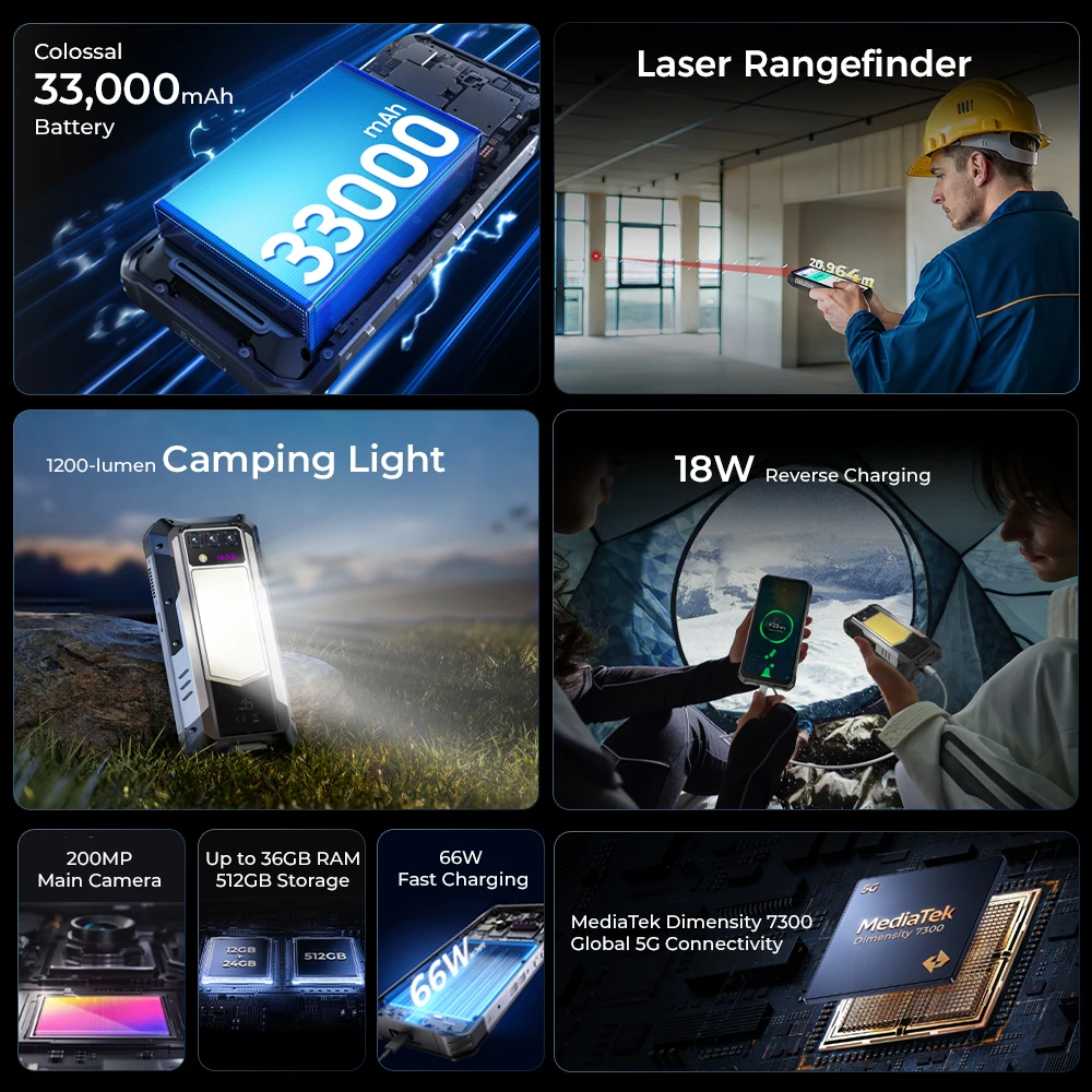 OUKITEL WP100 Outdoor-Smartphone – 33.000mAh Akku, integrierter Laser-Entfernungsmesser, Camping-Licht, 200MP Kamera, 36GB RAM + 512GB Speicher, 6,8" – Bild 2