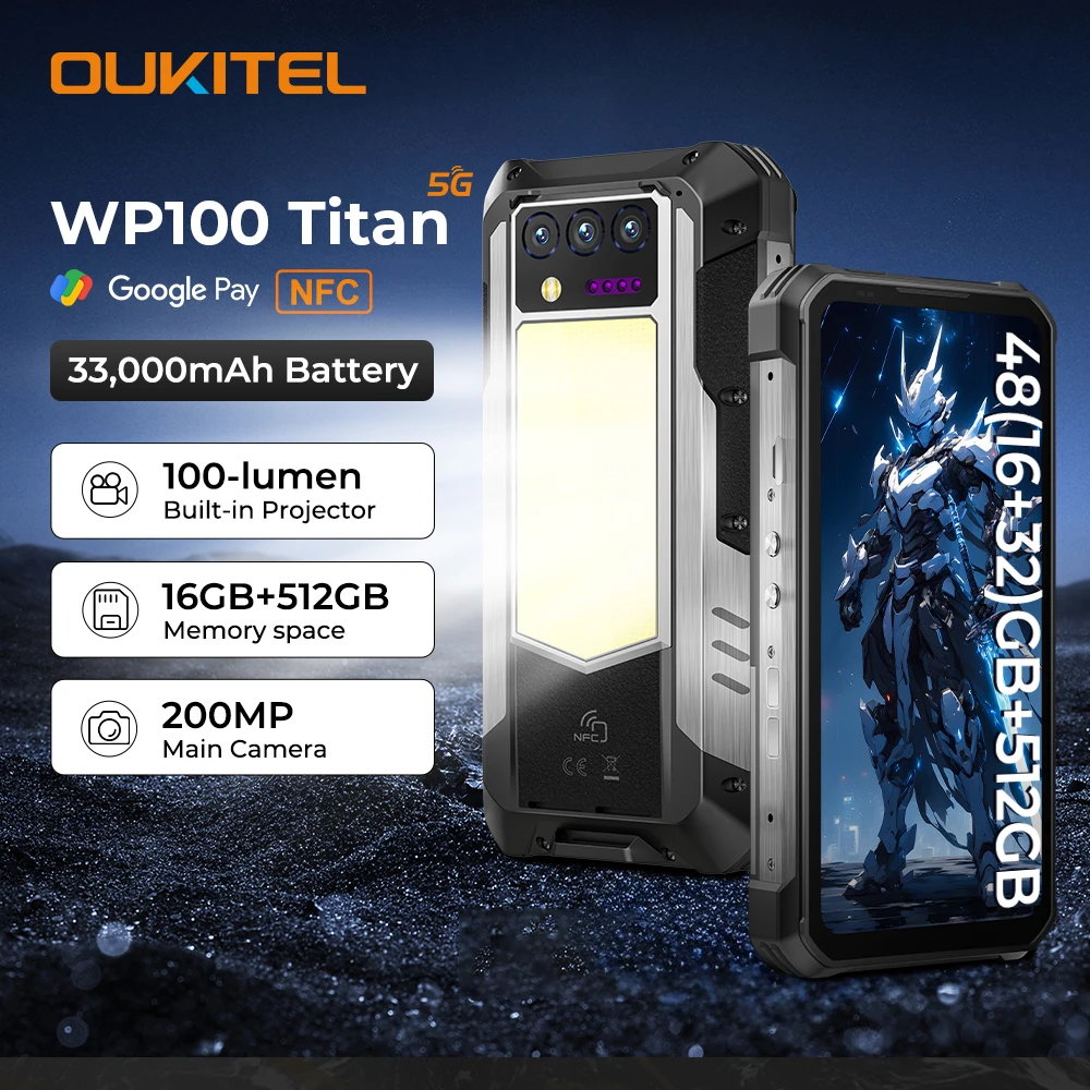 OUKITEL WP100 Titan Rugged Smartphone – 33.000mAh Akku, 66W Schnellladen, 200MP Kamera, integrierter Projektor & Camping-Licht – Bild 7