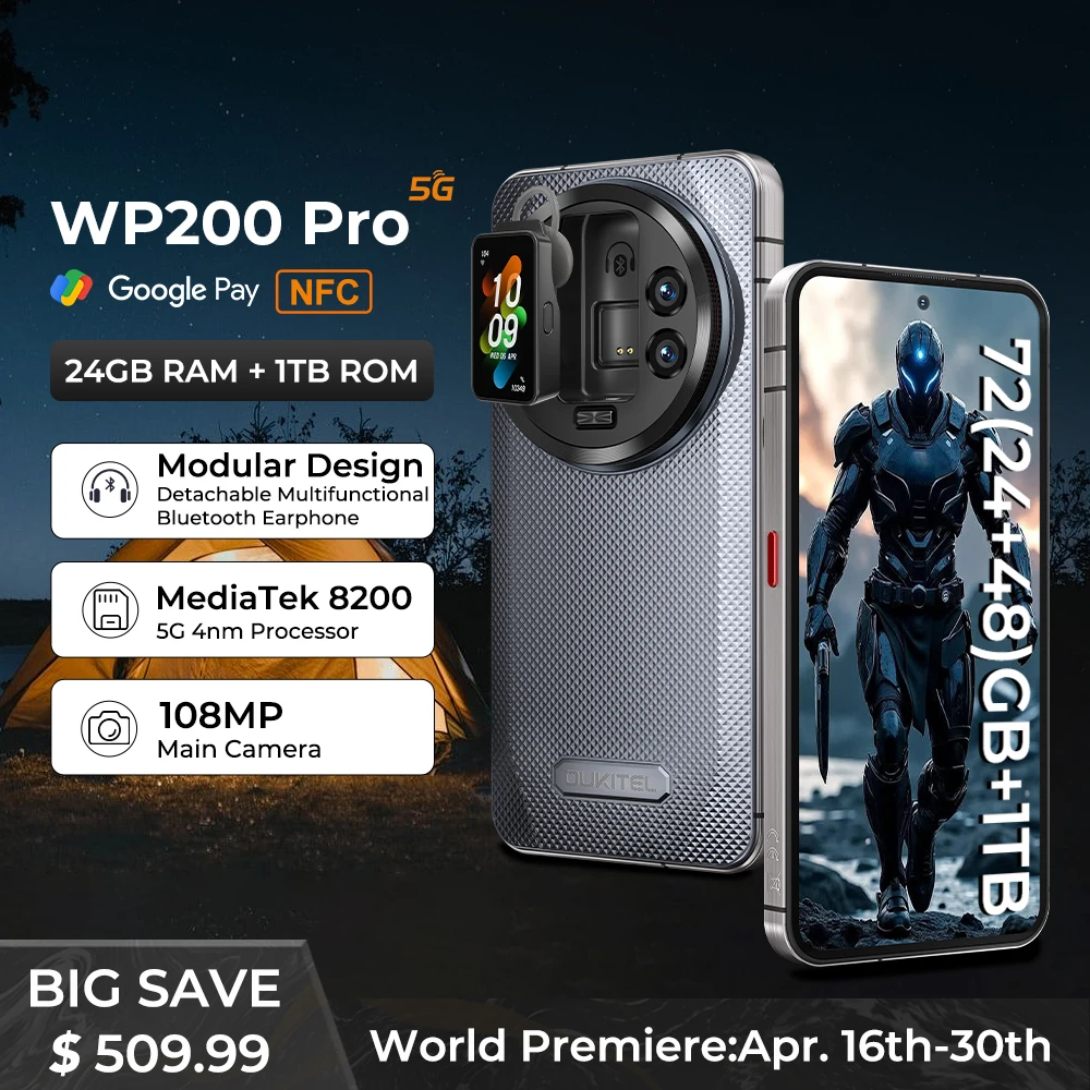 OUKITEL WP200 Pro 5G Rugged Smartphone – Modulares Outdoor-Handy mit abnehmbaren Earphone-Smartwatch, 72GB RAM + 1TB Speicher, MediaTek Dimensity 8200