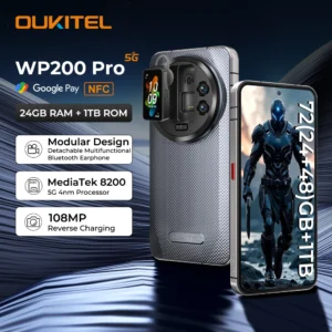 OUKITEL WP200 Pro 5G Outdoor Smartphone – Modulares Design mit abnehmbarer Ohrhörer-Uhr, 72GB RAM + 1TB Speicher, MTK8200, 108MP Kamera