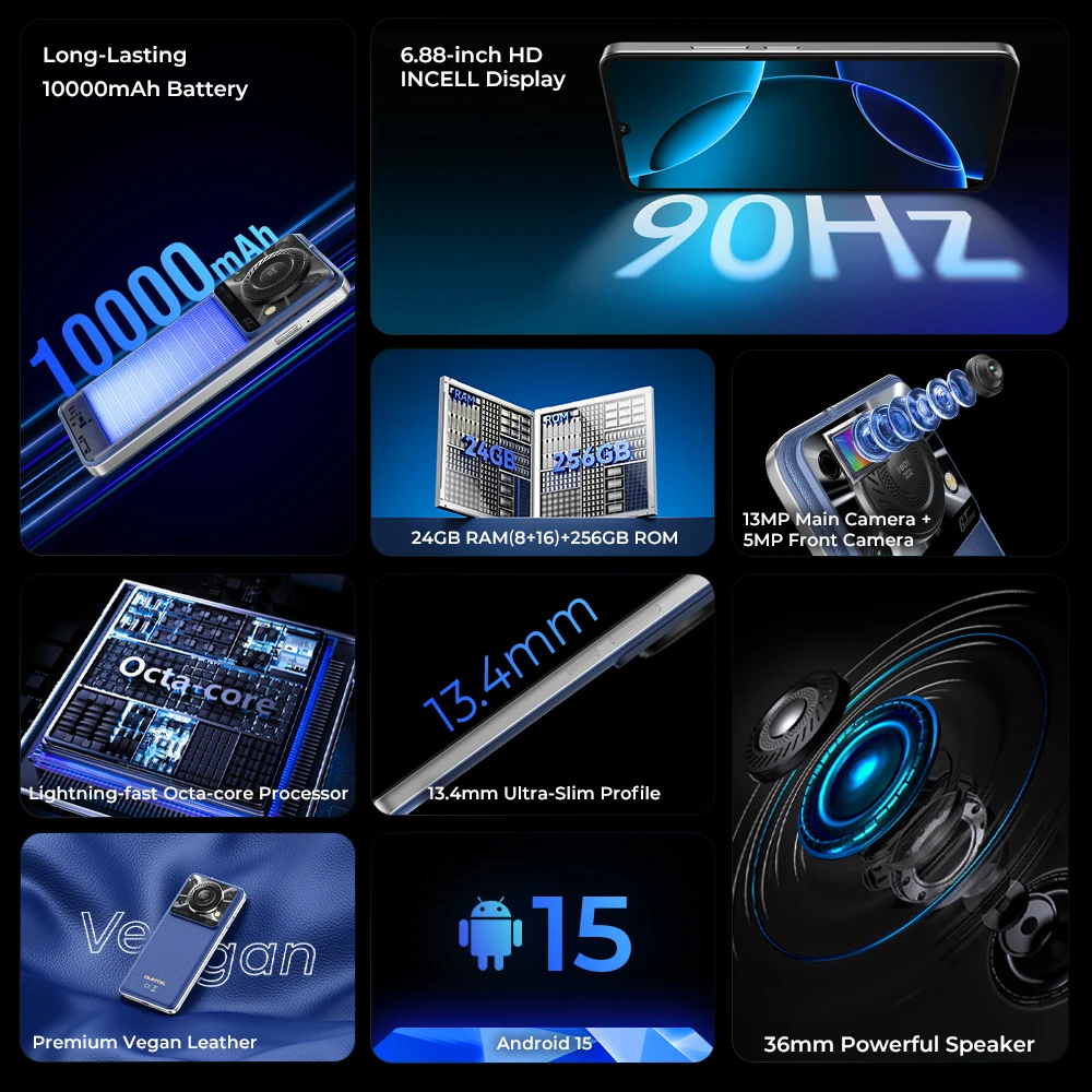 OUKITEL C60 Pro Smartphone – 10.000mAh Akku, 24GB RAM + 256GB Speicher, 6,88" HD Display (90Hz), Android 15, 36mm Hochleistungs-Lautsprecher – Bild 3