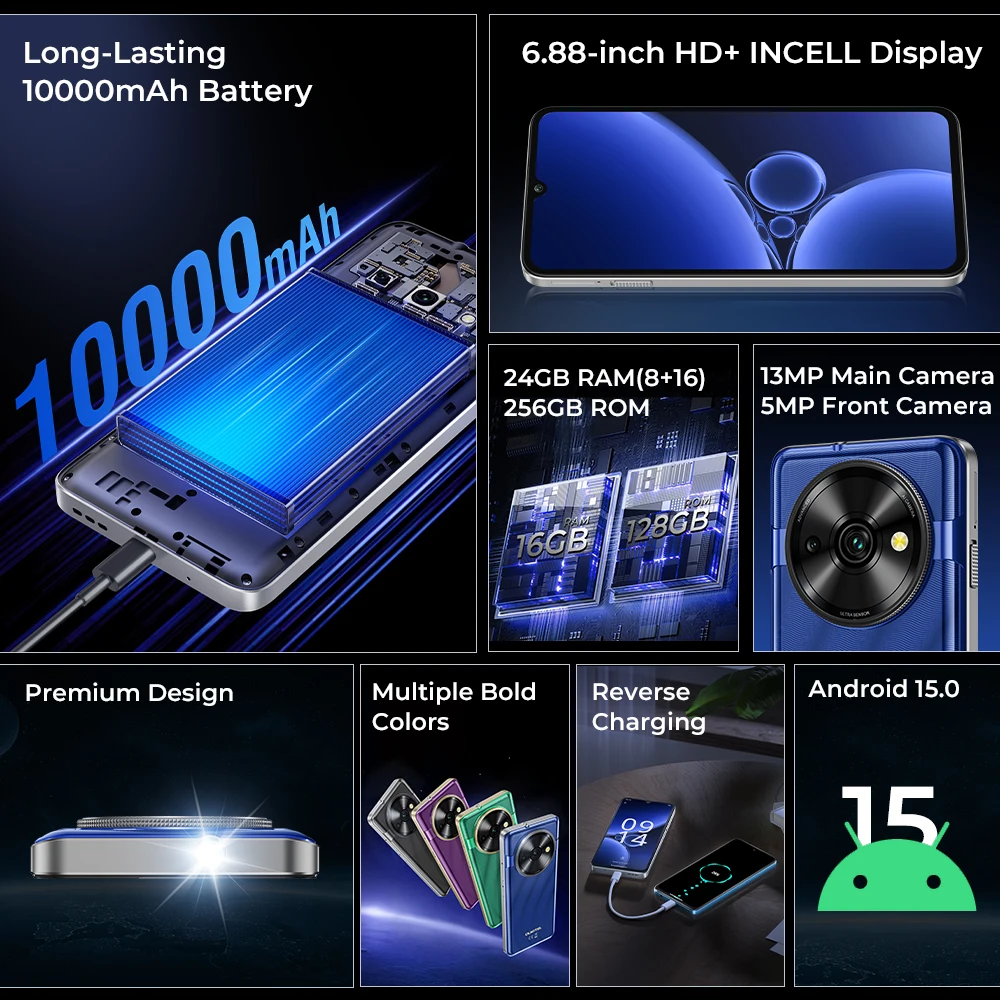 OUKITEL C59 PRO Smartphone – 10.000mAh Akku, 24GB RAM + 256GB Speicher, 6,88" HD Display, 90Hz, Android 15, Leistungsstarker Lautsprecher – Bild 2